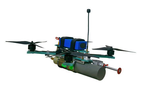 military drone carrying an explosive device, isolated on a white background.