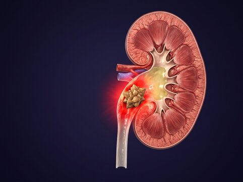 Human kidney cross-section showing a large kidney stone blocking the ureter.