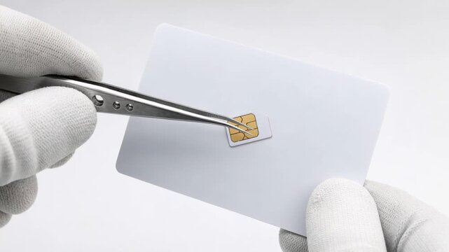 Close up of technician holding white SIM card with tweezers for mobile phone connectivity