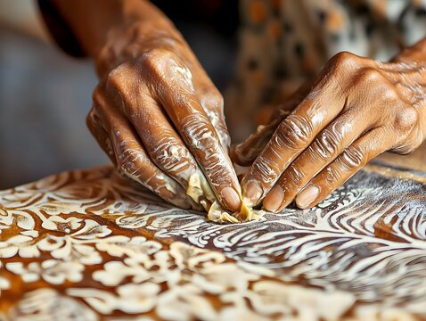 Hands Stamping Wax Batik Pattern on Cloth for Blog Post