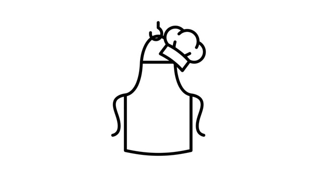 Minimalist chef apron and hat icon, black line art kitchen uniform vector, professional culinary apparel illustration for restaurant branding