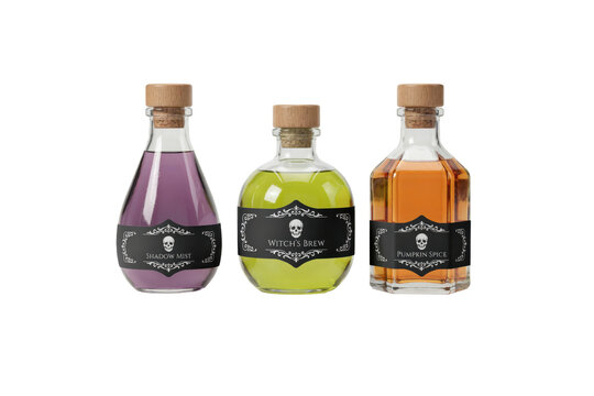 Three glass bottles filled with colored potions, each featuring a black label with a white skull isolated on a transparent background