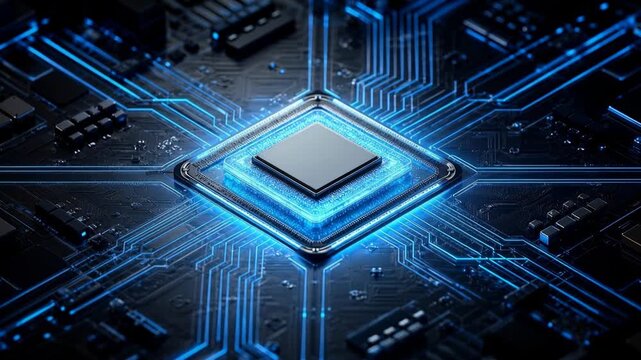 Close up of glowing modern computer chip with blue circuitry on black motherboard technology background