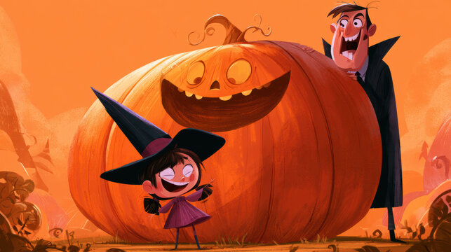 Cute witch girl giant pumpkin halloween cartoon illustration spooky vampire orange background Cute funny cartoon of little Princess proudly