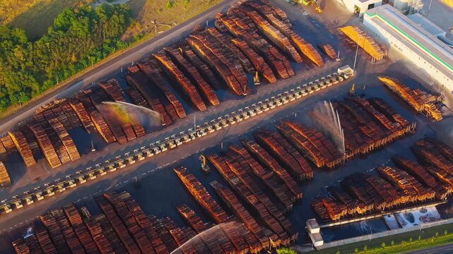 Aerial view of log stacks being sprinkled with water at a paper mill in Steti, Usti nad Labem Region, Czechia.