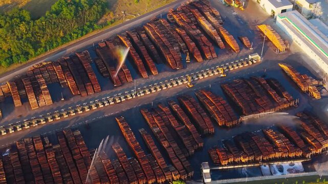 Aerial view of wood logs being sprinkled with water at a paper mill in Steti, Usti nad Labem Region, Czechia.