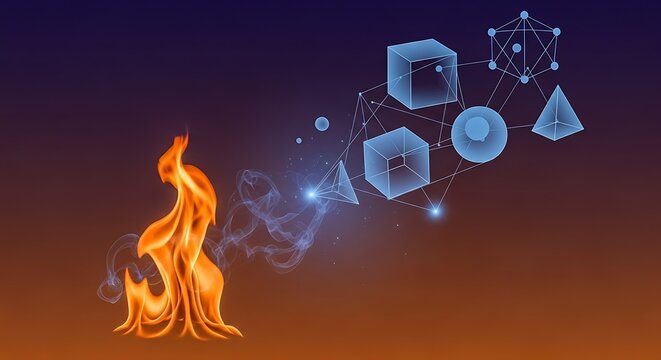 Fiery Inspiration Abstract fire morphing into geometric shapes on gradient backdrop.