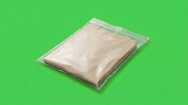 Folded beige tshirt packaged in clear plastic poly bag isolated on green screen