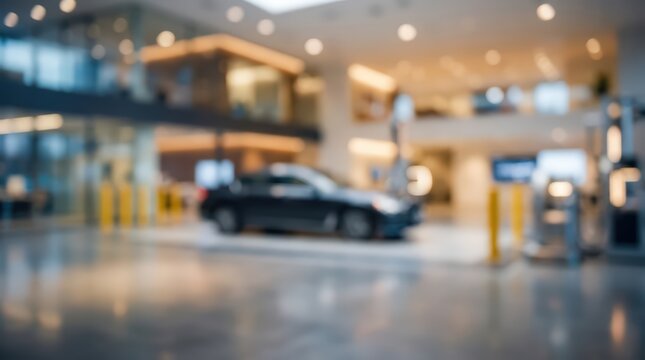 Blurred car displayed inside a spacious vehicle showroom with bright ambient lighting. The out of focus dealership interior provides a clean backdrop for automotive marketing concepts.