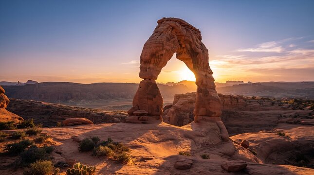 Golden sunset glowing through a natural sandstone arch in the Utah desert landscape