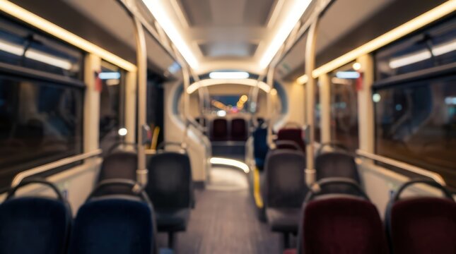 Empty public transport vehicle interior featuring rows of seats and soft ambient lighting. Blurred perspective view down the aisle of a modern bus or tram during evening commute.