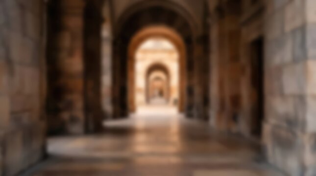 Stone archway corridor creates a soft blurred perspective in a historic building. The repeating architectural arches lead the eye toward a bright light at the end of the passage.