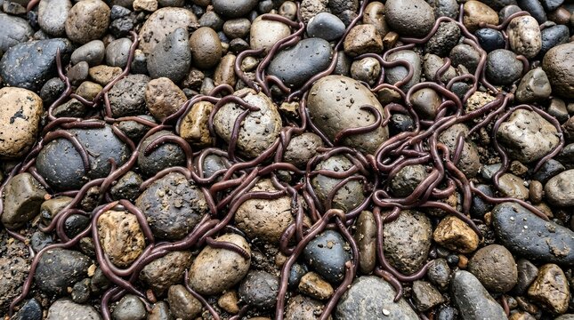 Background of red worms wriggling on damp river pebbles