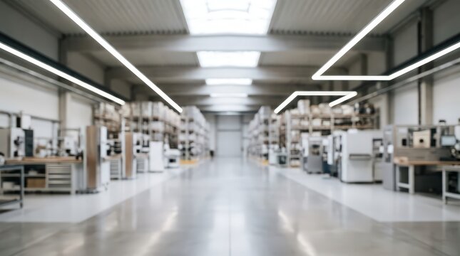 Industrial warehouse interior with blurred manufacturing machinery and storage shelving. The spacious facility features bright overhead lighting and a polished concrete floor.