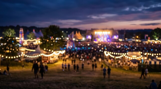 Crowd of people walking through an outdoor music festival at twilight. String lights illuminate the path while the main stage glows in the distance with soft bokeh light effects.
