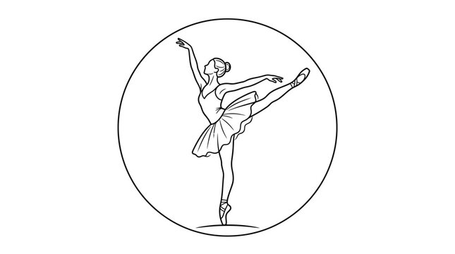 Elegant line art drawing of a ballerina performing an arabesque en pointe within a simple circular frame, showcasing grace and classical dance.
