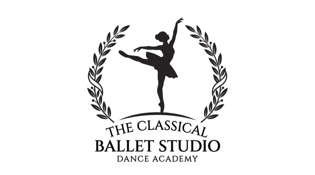 A black and white logo for The Classical Ballet Studio Dance Academy, featuring a graceful ballerina silhouette in an arabesque pose, encircled by elegant laurel wreaths.