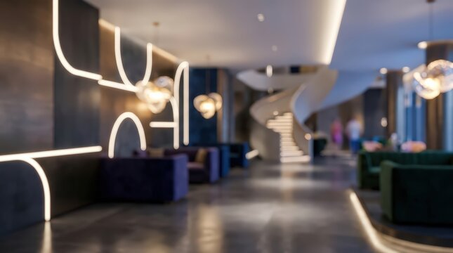 Blurred hotel lobby interior features soft ambient lighting and a curved staircase. The contemporary lounge area includes plush seating and decorative wall panels with integrated lights.