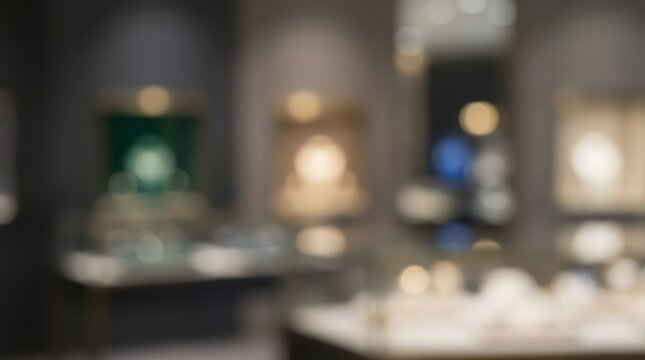 Abstract blurred background of a luxury jewelry store interior with soft bokeh lighting. Display cases and shelves create a sophisticated atmosphere for retail design projects.