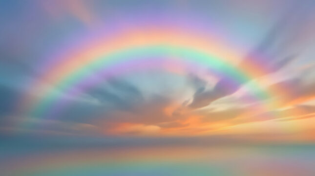 Vibrant Rainbow Arcing Over a Soft Pastel Sunset Sky with Ethereal Clouds and Reflective Surface