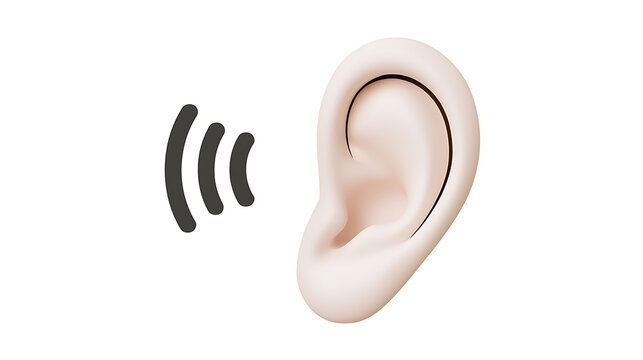 3D human ear icon with sound waves for audio concept design, isolated on white background, medical health symbol for hearing sense