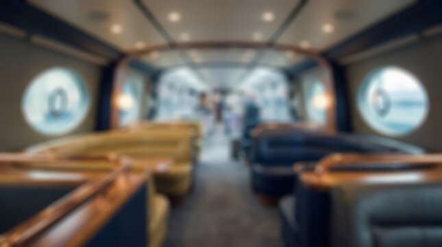 Blurred interior view of a luxury yacht cabin featuring circular porthole windows and plush leather seating. The soft focus creates a serene atmosphere for travel and leisure concepts.