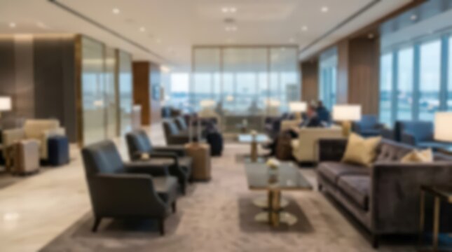 Blurred airport lounge interior featuring comfortable seating areas and tables for travelers. Soft focus view of a quiet waiting room with modern furniture and large windows.
