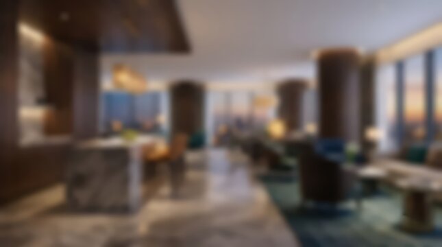 Blurred interior view of a luxury hotel lounge featuring soft ambient lighting and contemporary furniture. The out of focus composition creates a versatile backdrop for design projects.