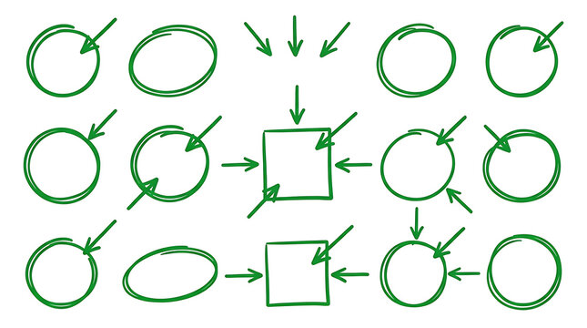 Green hand drawn circles squares and arrows diagram