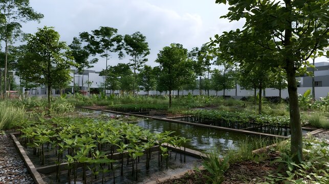 Rows of young mangrove seedlings grow in water filled beds surrounded by trees and modern buildings under an overcast sky