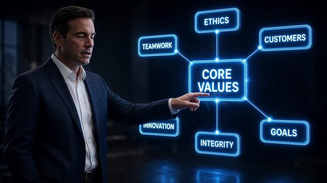 Businessman interacting with digital glowing HUD interface displaying core values concept for corporate identity and ethical business strategy planning