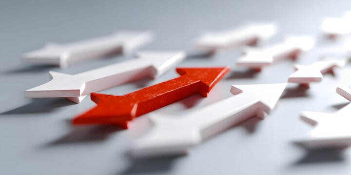One red arrow stands out among multiple white arrows on a gray surface.