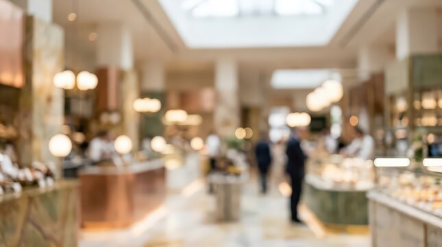 Blurred interior view of a busy food hall or upscale marketplace with people walking and shopping. Soft focus highlights the warm ambient lighting and architectural details of the space.