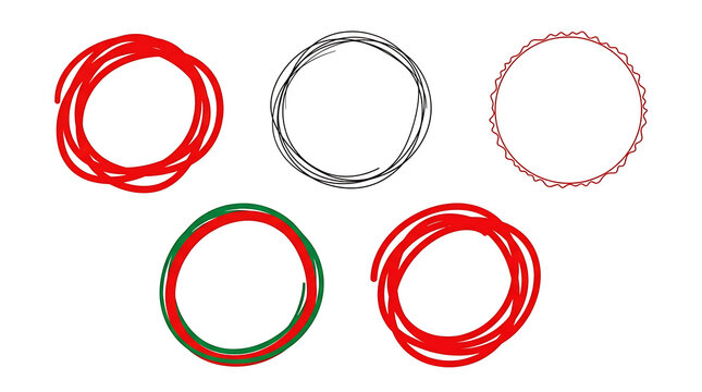 Five hand drawn circles in red black and green doodle