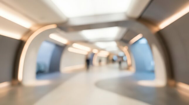 Abstract blurred view of a futuristic architectural corridor with curved walls and soft ambient lighting. This minimalist interior space features smooth lines and a bright walkway.