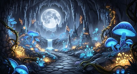 Obraz premium Enchanted Glow Mystical cave scene with glowing mushrooms and a full moon.