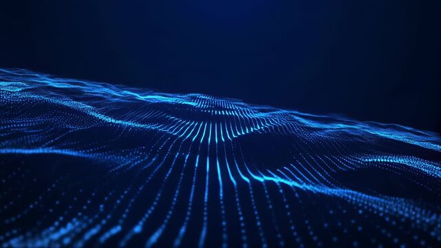 Abstract Digital Ocean Waves flowing with blue light particles in cinematic motion during a dark night
