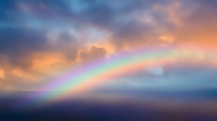 Fototapeta premium Vibrant rainbow arc appearing through soft sunset clouds in a colorful atmospheric sky