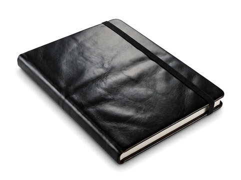 Luxury black leather notebook diary journal with elastic strap isolated on white background high quality mockup