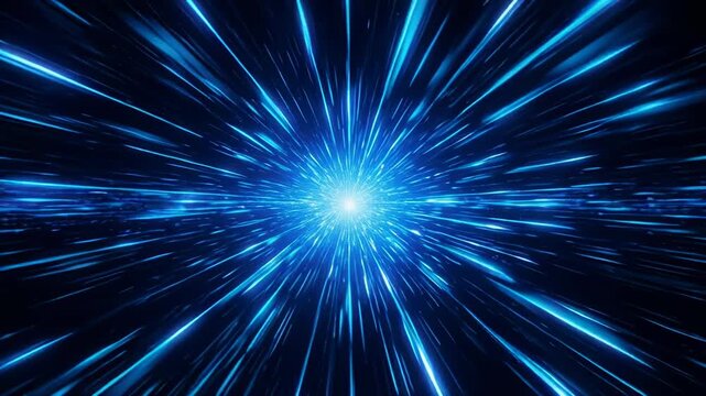 Blue light streaks expanding from center in dark void during speed warp motion