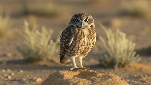 Burrowing owl standing alert in arid desert landscape during golden hour warm light