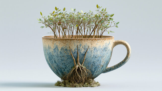 Surreal Miniature Forest Growing Inside A Blue Ceramic Coffee Cup
