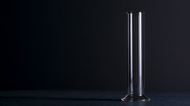 A single empty glass graduated cylinder stands upright on a dark surface against a black background, creating a clean science and lab look