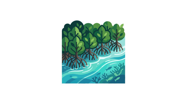 Pixel art illustration of a tropical mangrove forest by the water