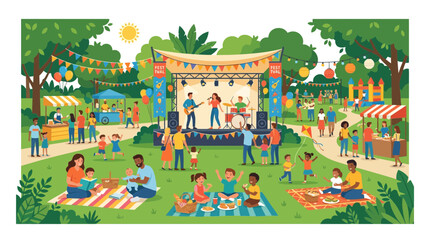Fototapeta premium Summer Park Festival: Live Band, Picnic, Kids Activities, Food Stalls, Bouncy Castle, and Fun