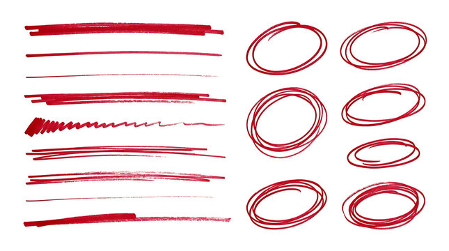 Red ink scribbles and circles on white background lines 1