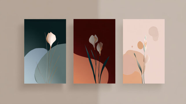 Minimal iris flower triptych illustration, modern botanical wall art print in muted pastel color with calm elegant mood