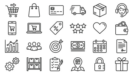 Fototapeta premium Office equipment icons set featuring sleek linear designs of workplace tools like computers printers desk lamps calendars and stationery items on clean white background surface