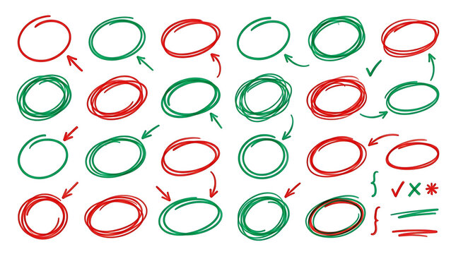 Red and green hand drawn circles arrows and check marks