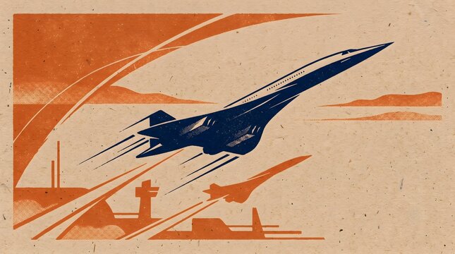 Duotone silkscreen print style supersonic aircraft on recycled cardboard